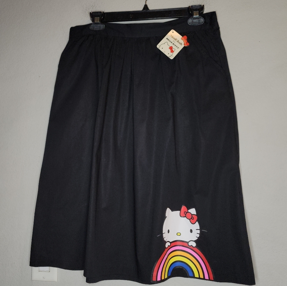 NWT ModCloth x Hello Kitty Let's Go Rainbow A-Line Black Skirt Cotton Large